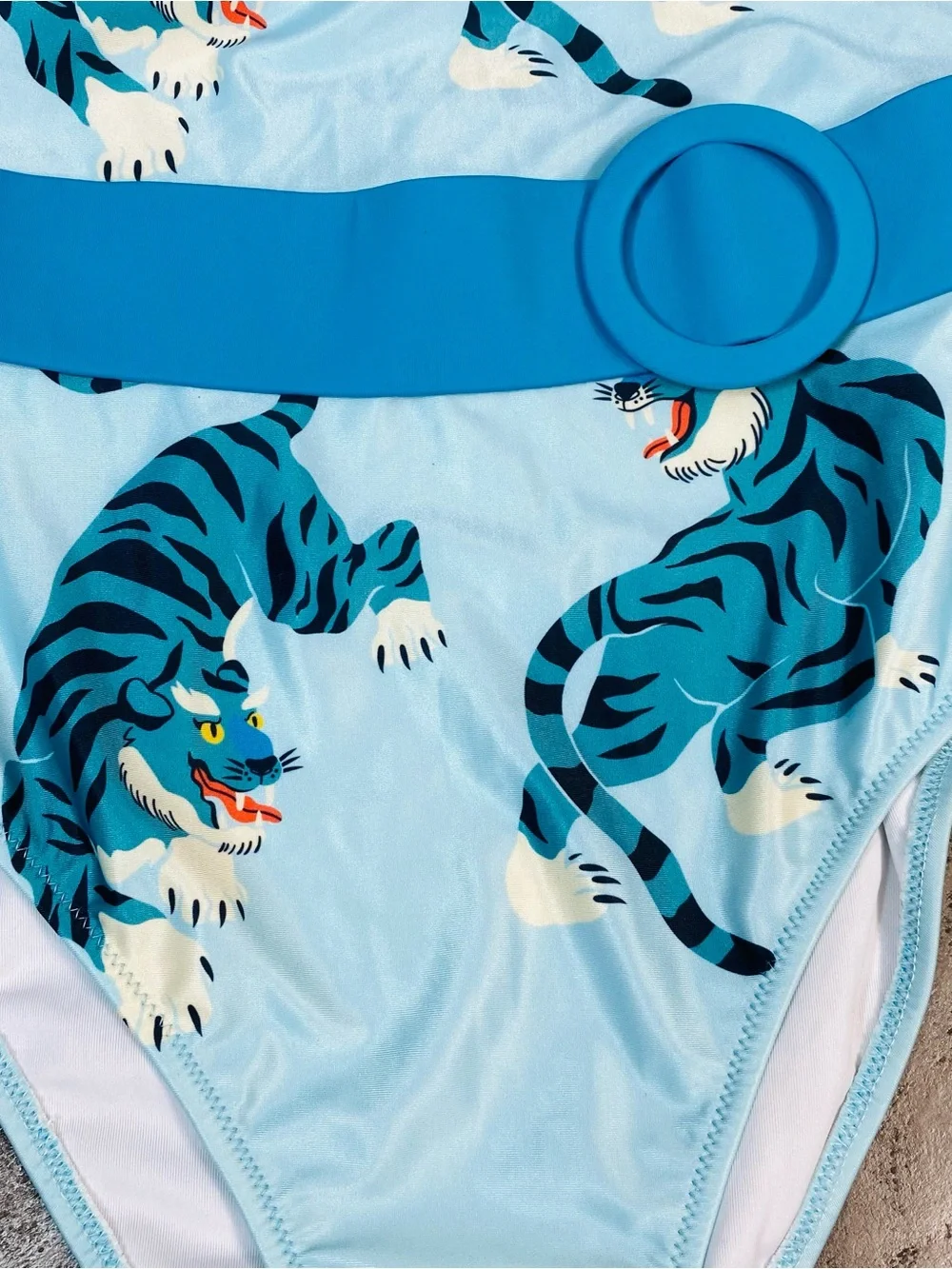 Averie Marina Belted One Piece Swimsuit Light Blue Tiger Print Women’s Size S